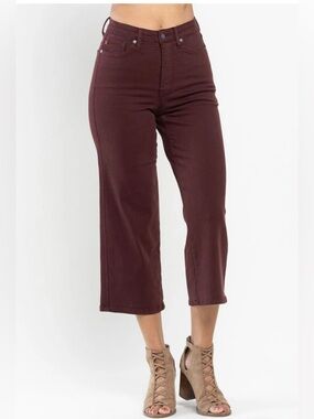 Judy Blue High Waist Garment Dyed Wide Leg Crop Oxblood Denim Jeans